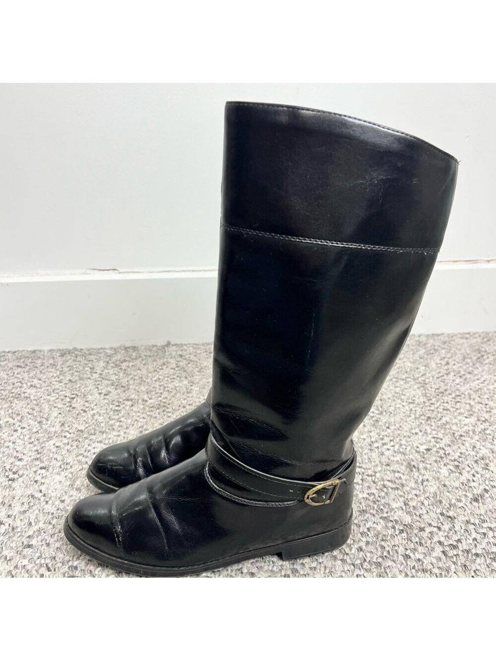 Vintage minimalist tall black vegan leather fleece lined flat boots 10 - Picture 5 of 15